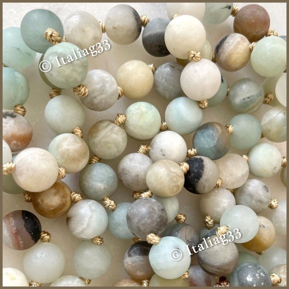Mala Amazonite Beads Necklace Natural Matte Gemstone Silk Tassel Meditation New - Picture 2 of 15